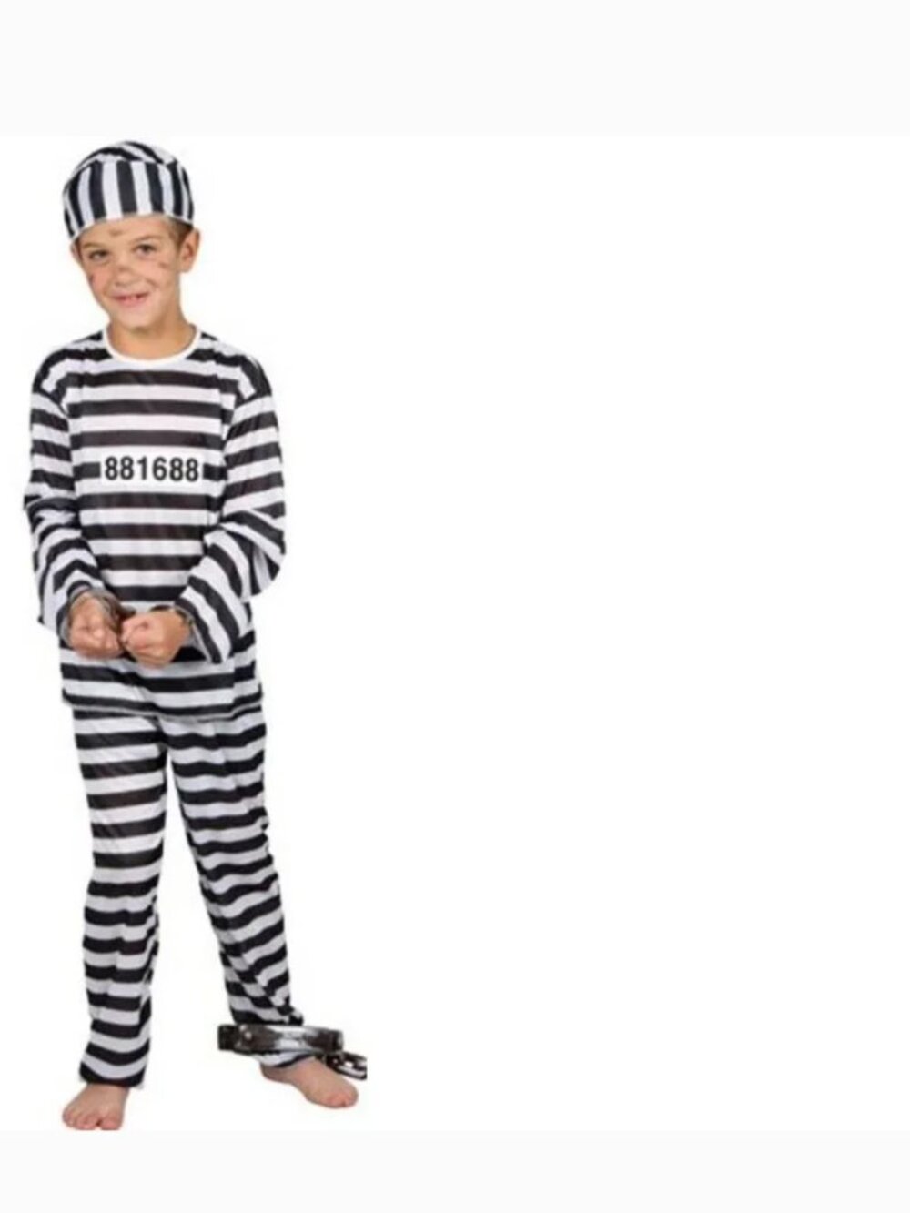 Convict Prisoner Halloween Costume 12/14 Black White Shirt, Pants, Hat 3 Pc Boys